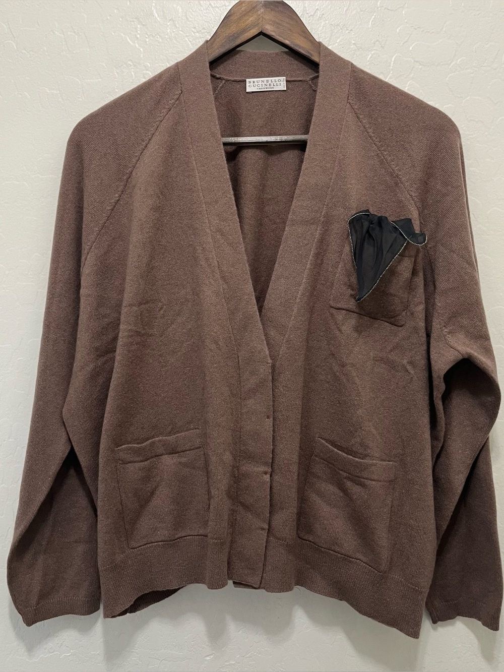 Brunello Cucinelli Men's Brown 100% Cashmere V-Neck Cardigan Handkerchief IT 50